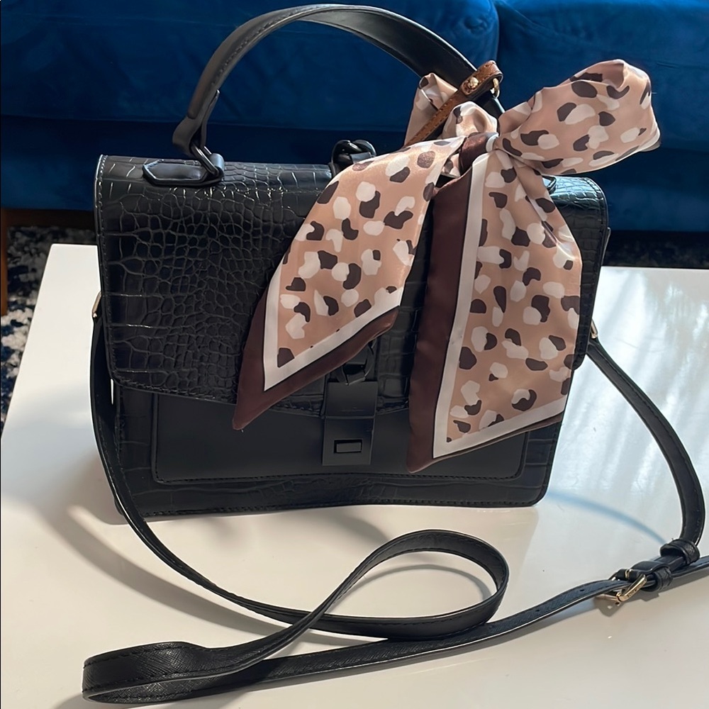 Elegant Black Handbag with Scarf Accent